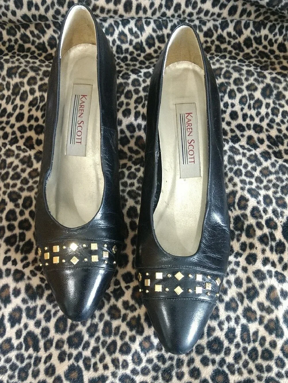 Karen Scott Black Low Heel Pumps with Gold Stud Accents